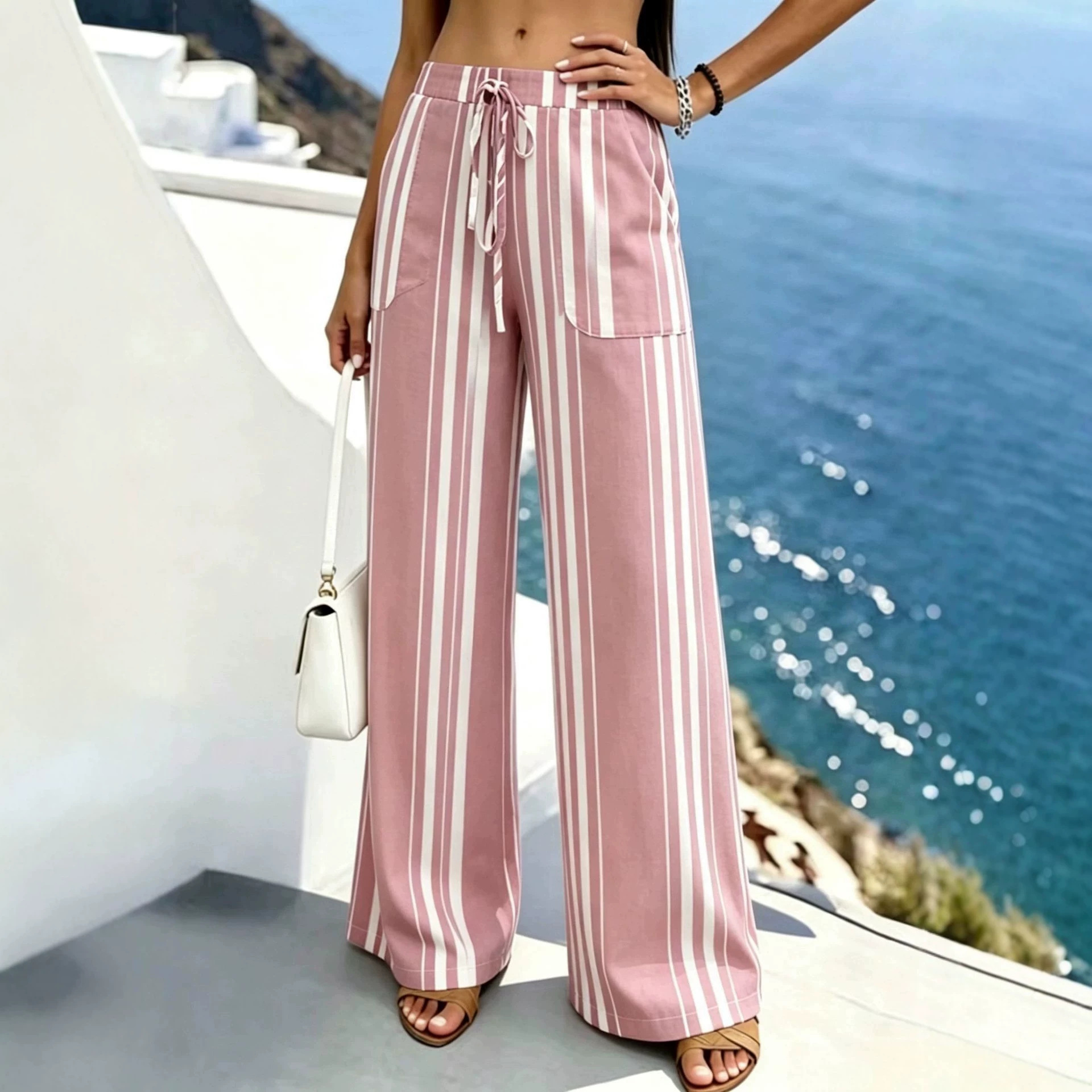 Striped High-Waist Tie-Waist Wide-Leg Pants with Pockets