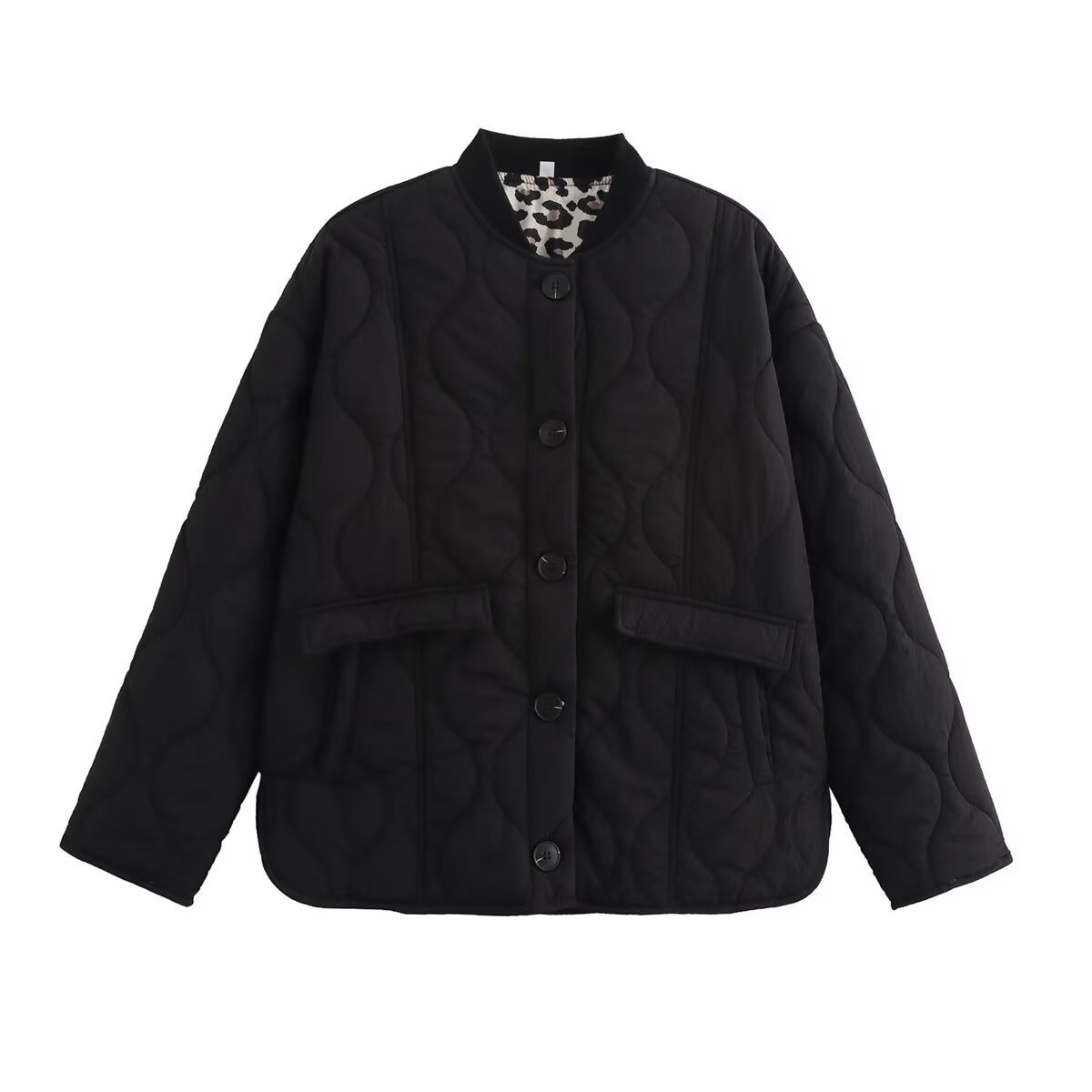 Women's Leopard Print Padded Coat with Ribbed Trim