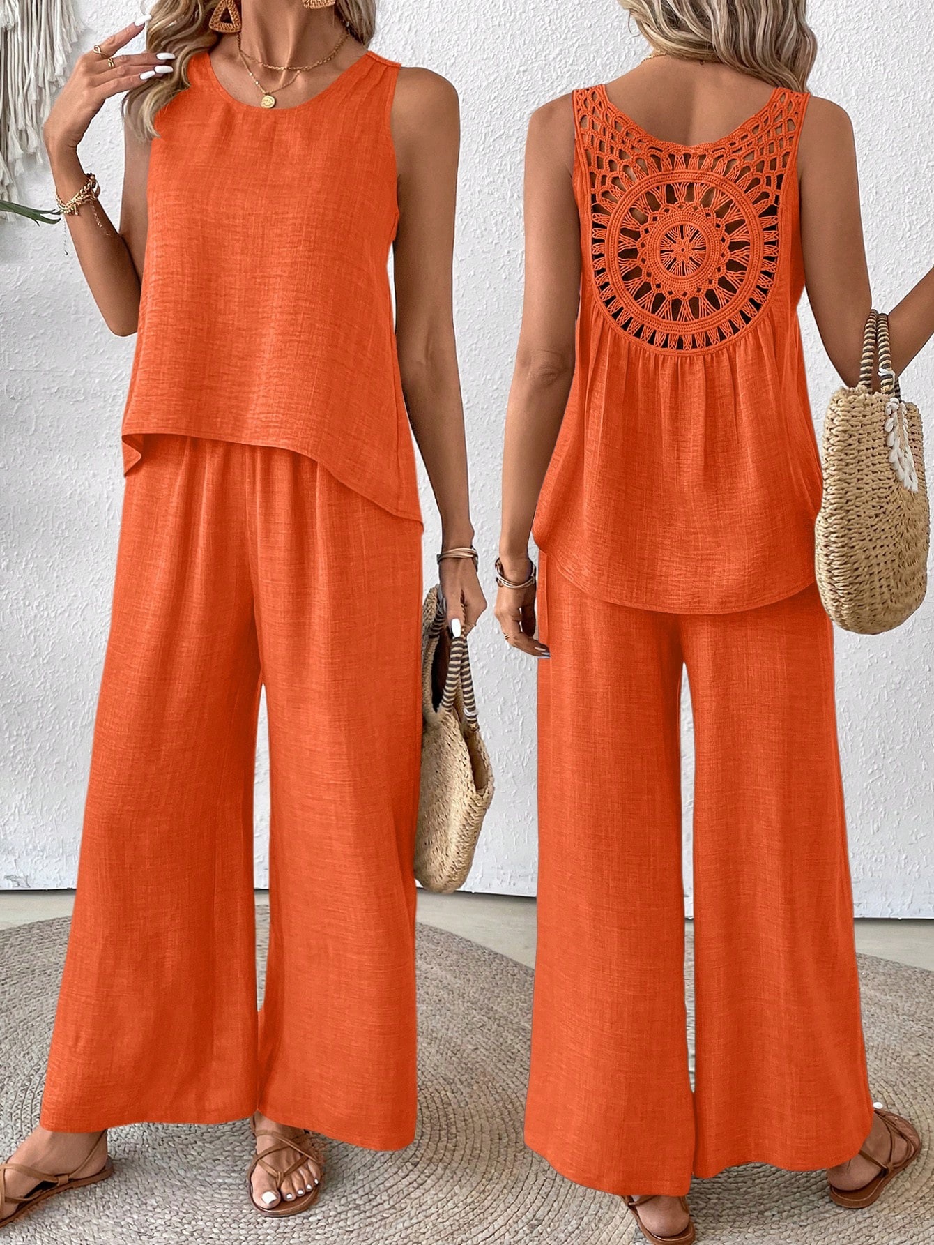 Women's Two-Piece Sleeveless Tank Top and Wide-Leg Pants Set with Hollow-Out Lace Trim