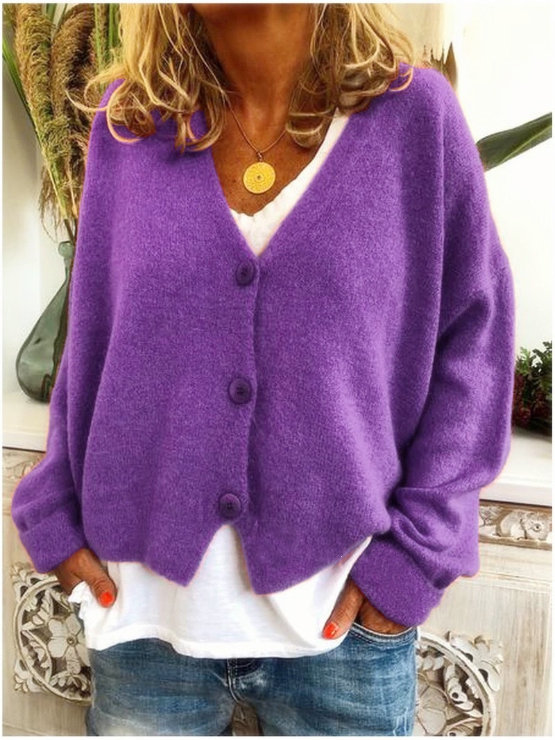 Solid V-Neck Knit Top with Front Button Detail, Loose Cropped Long Sleeve