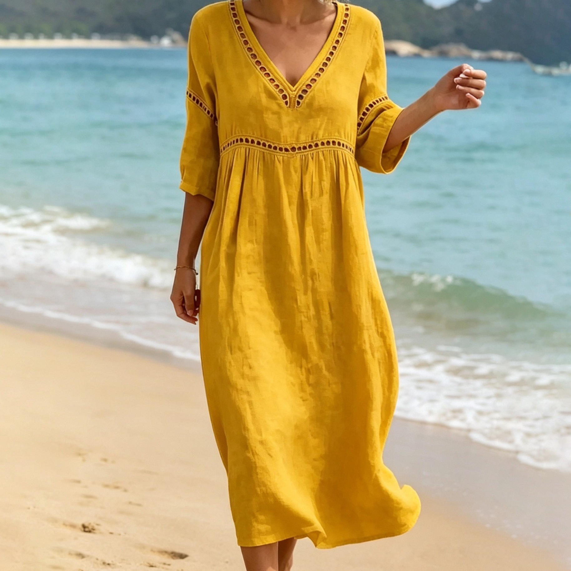 Women's Summer Beach Vacation V-Neck Solid Color Loose Long Dress