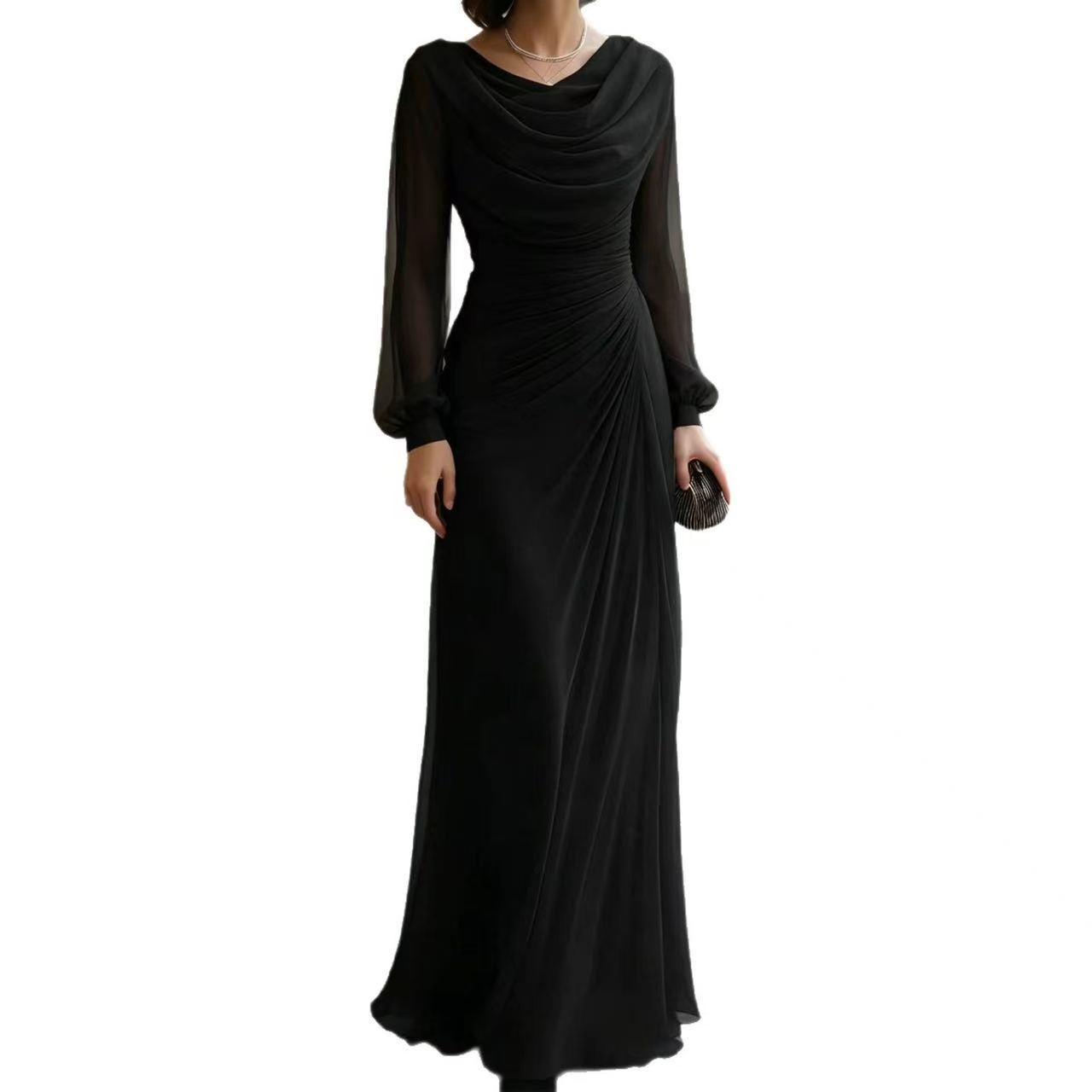 Solid Draped Long Sleeve A-Line Dress