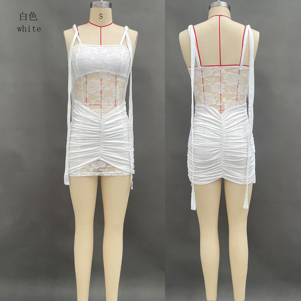 Women's Solid Sheer Lace Panel Lace-Up Ruched Bodycon Dress