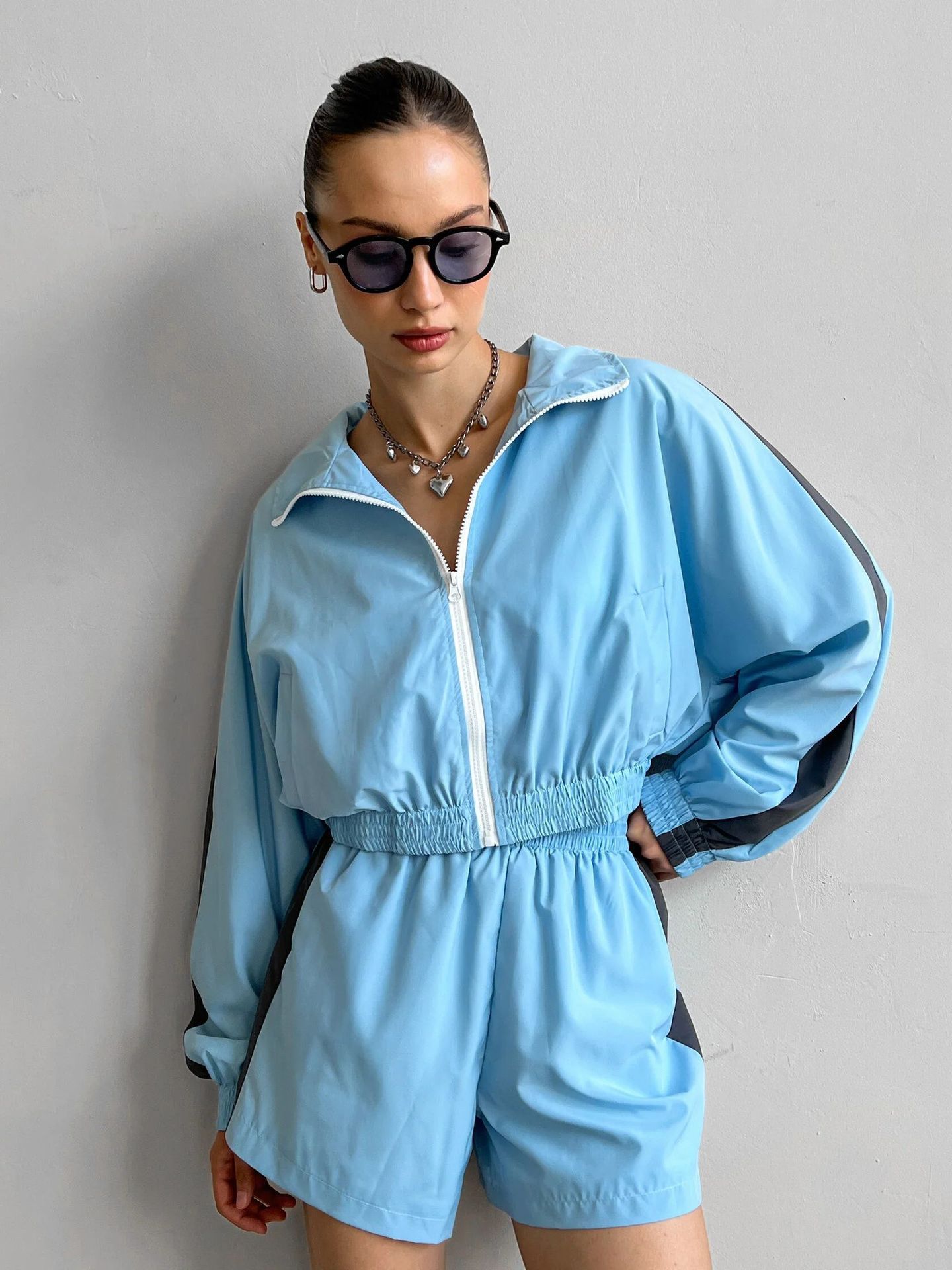 Women's Long Sleeve Zip-Up Track Jacket and Shorts Set
