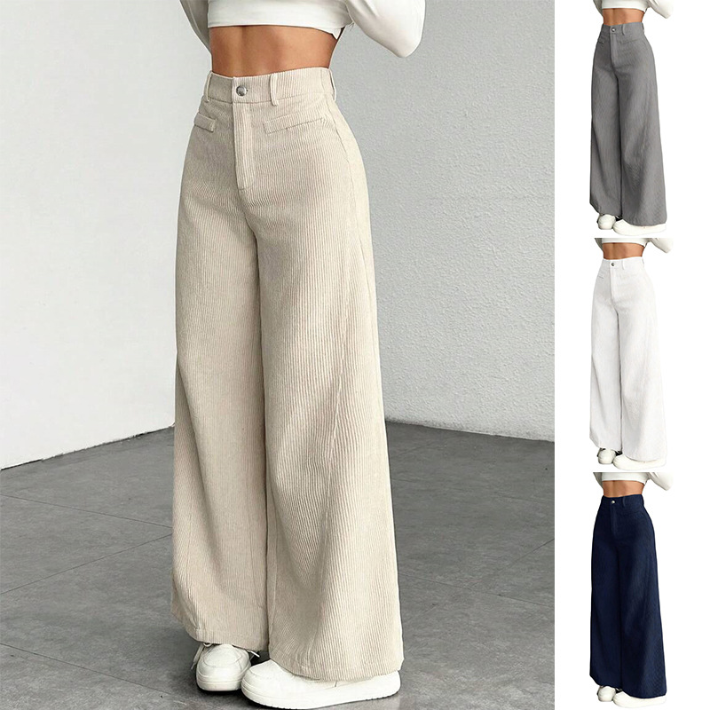 Corduroy Ribbed Wide-Leg Casual Pants for Women Loose Straight-Leg