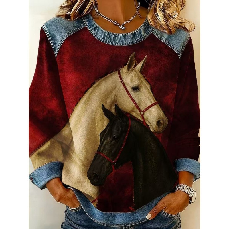3D Print Colorblock Denim Collar Pullover Sweatshirt Women's Long Sleeve Loose Fit