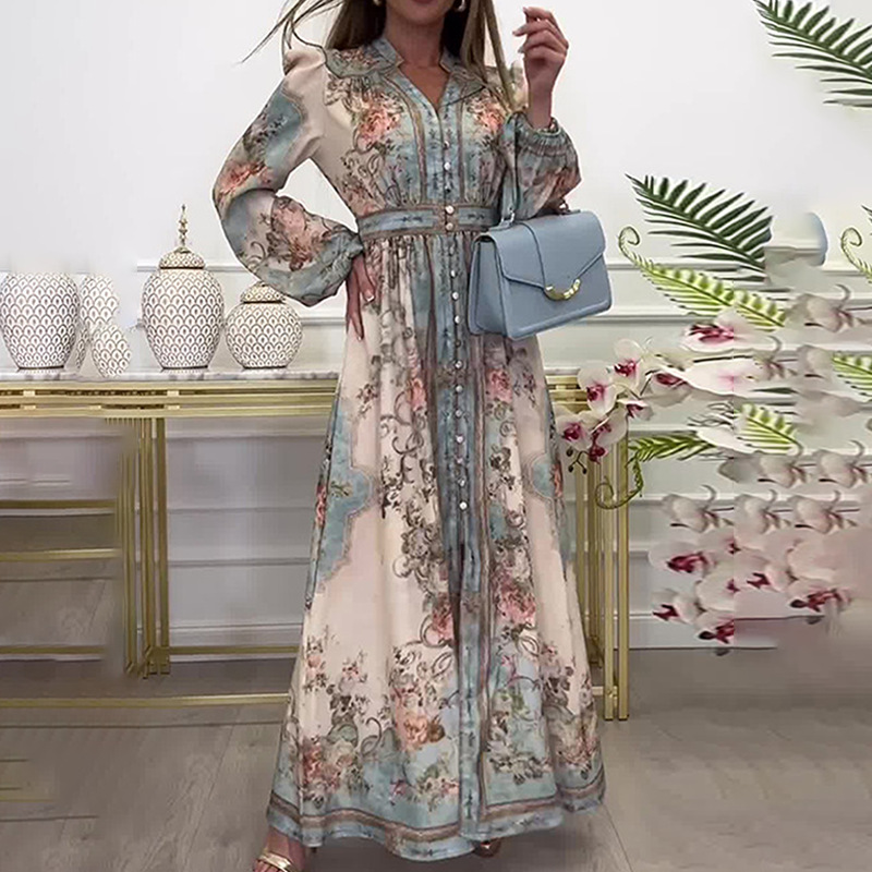 Women's V-Neck Floral Print A-Line Long Dress