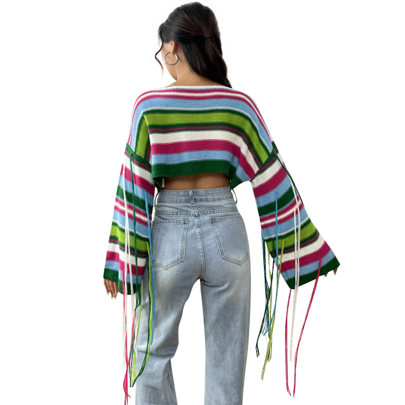Rainbow Striped Fringe Knit Crop Sweater