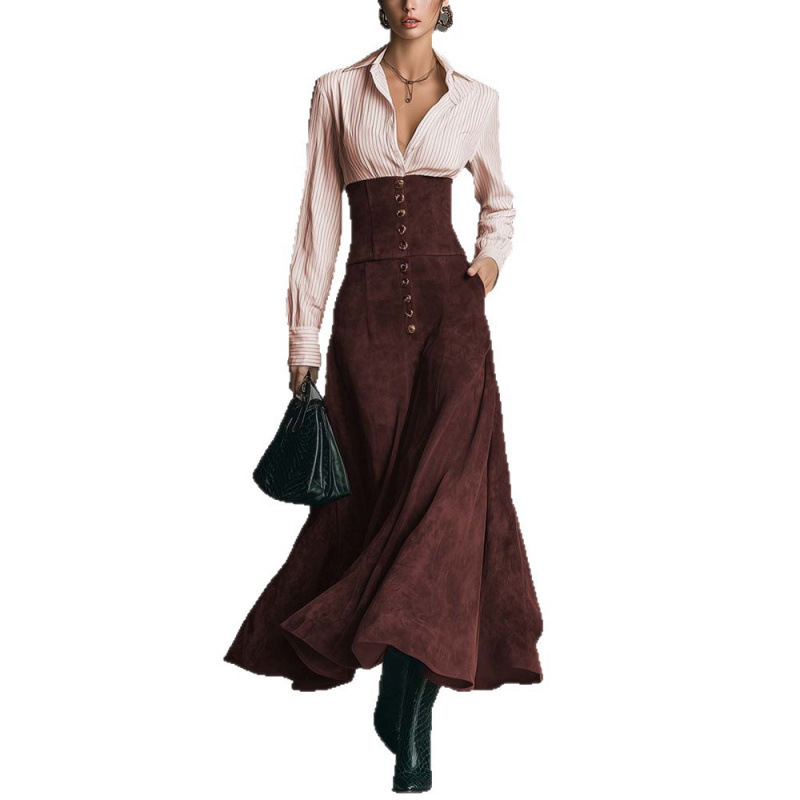 Women's High Waist Slimming Shirt Collar A-Line Dress with Spliced Flared Skirt