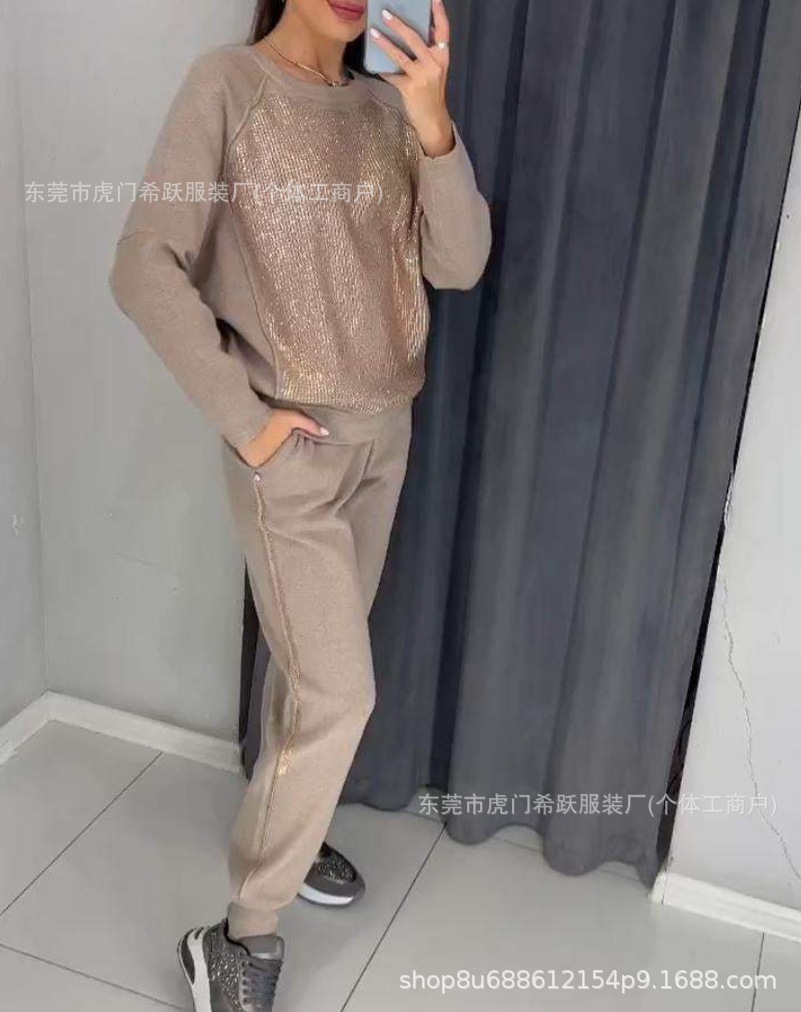 Women's Casual Round Neck Rhinestone Pocket Two-Piece Set