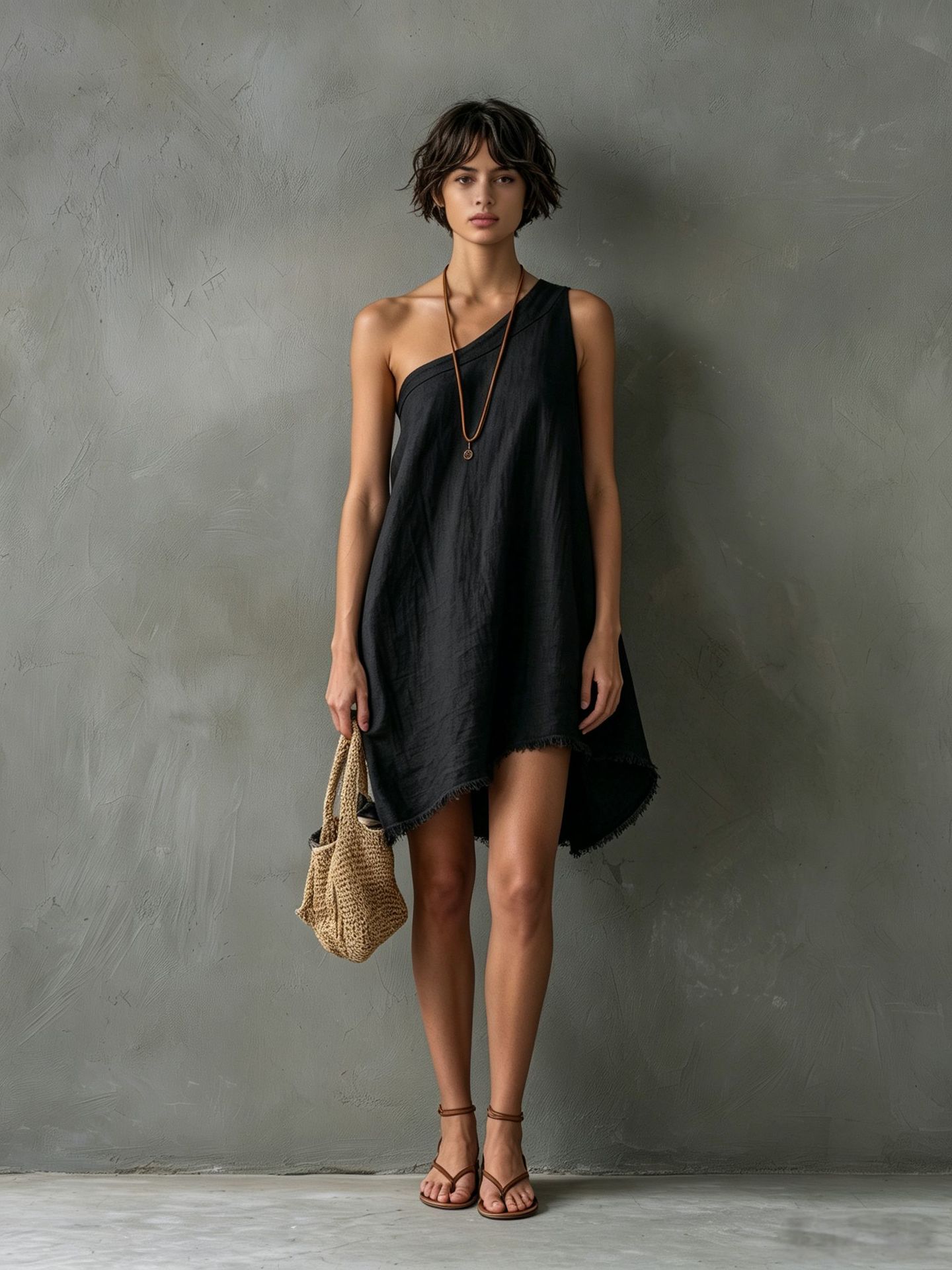 Minimalist Linen-Blend One-Shoulder Sleeveless Frayed Mini Dress