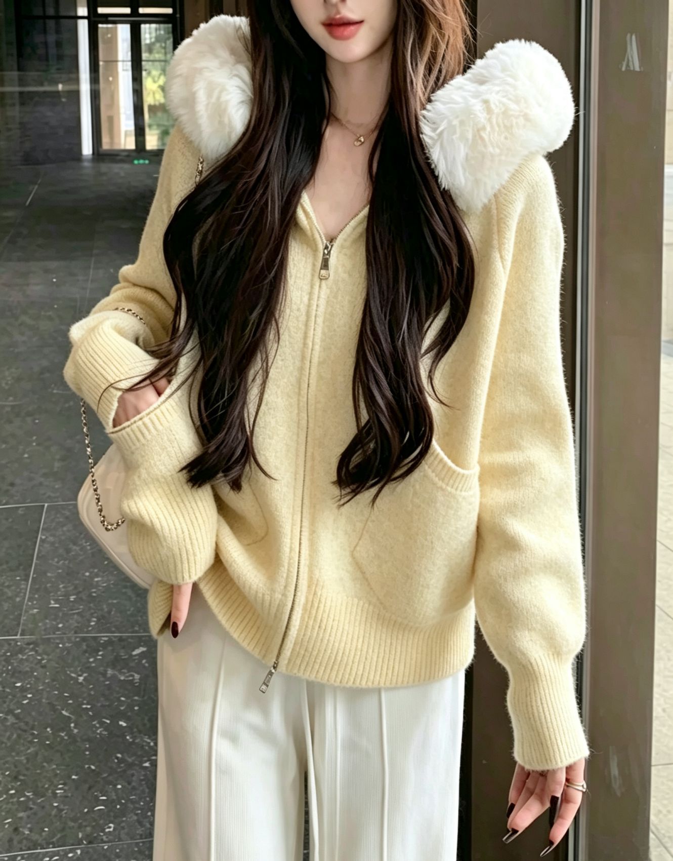 Women's Faux Fur Trim Hooded Zip Knit Cardigan Solid Color Loose Sweater with Pockets