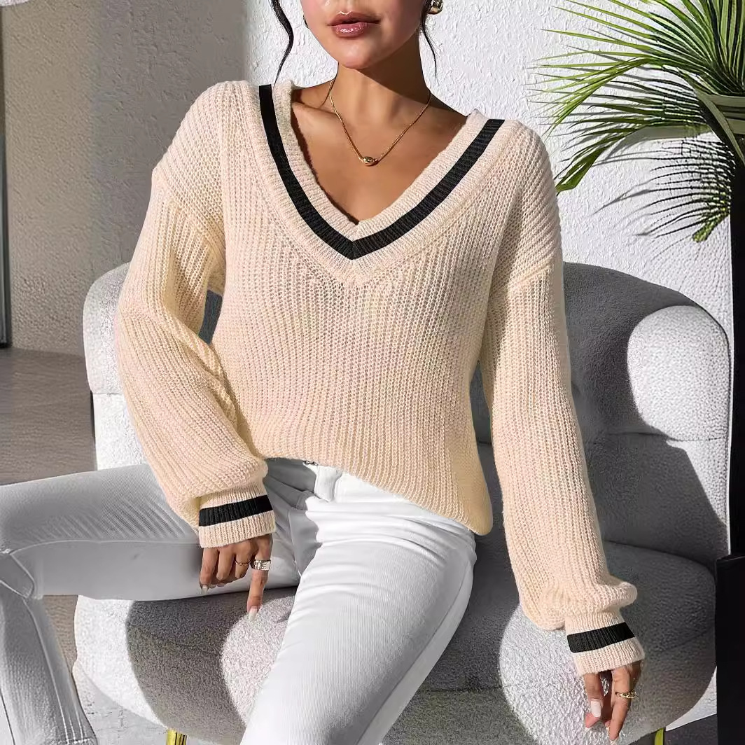 Women's Preppy Color-Block V-Neck Sweater