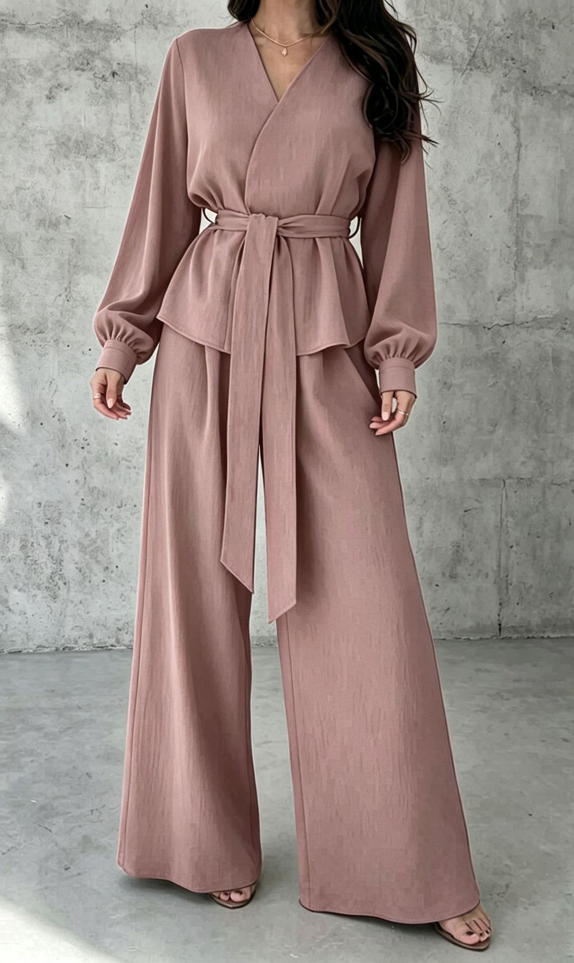 V-Neck Tie Long Sleeve Wide-Leg Pants Casual Two-Piece Set
