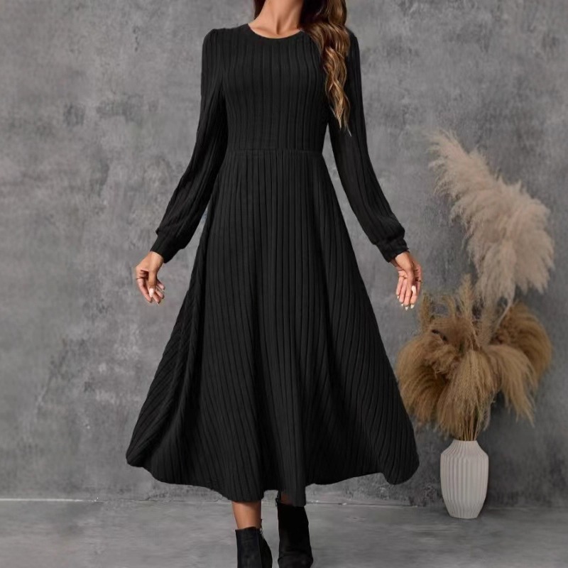Women's Long Sleeve Crew Neck A-Line Knit Dress Solid Color