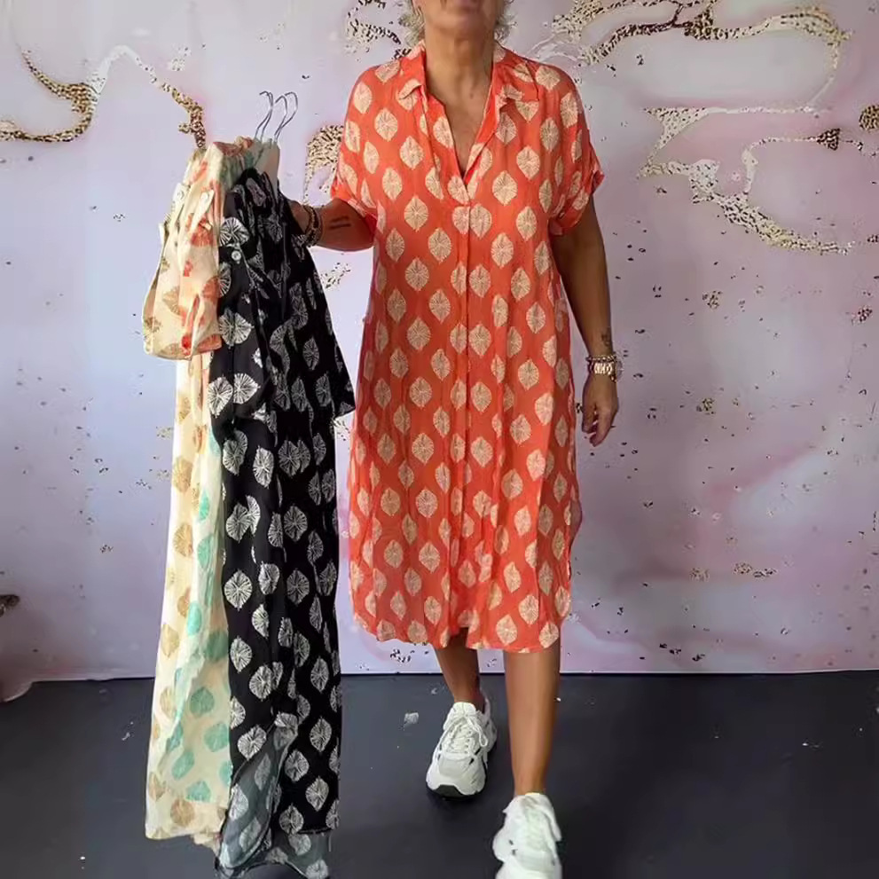 Women's Loose Fit Printed V-Neck Short Sleeve Midi Dress