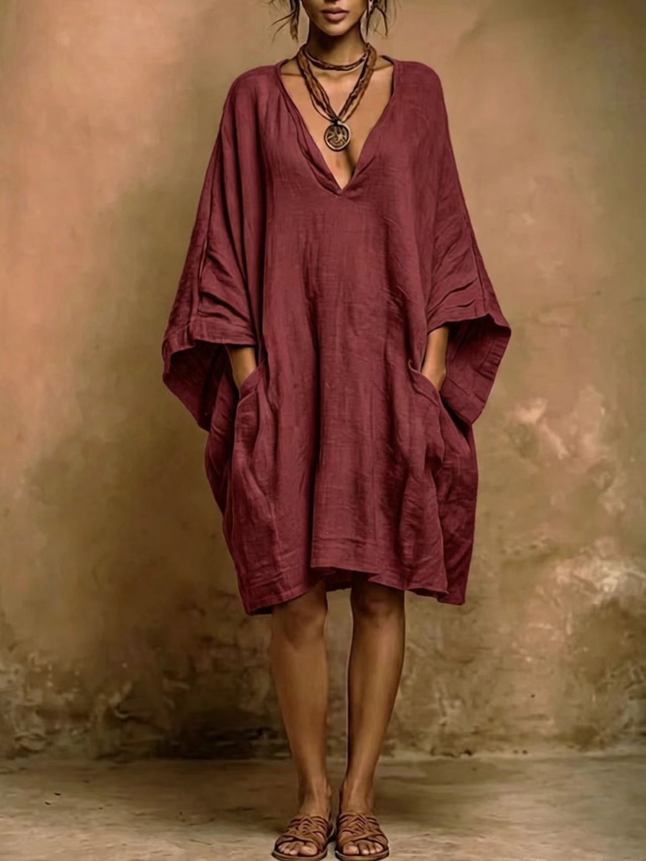 Boho Solid Color Dress with V-Neck, Batwing Sleeves, and Pockets