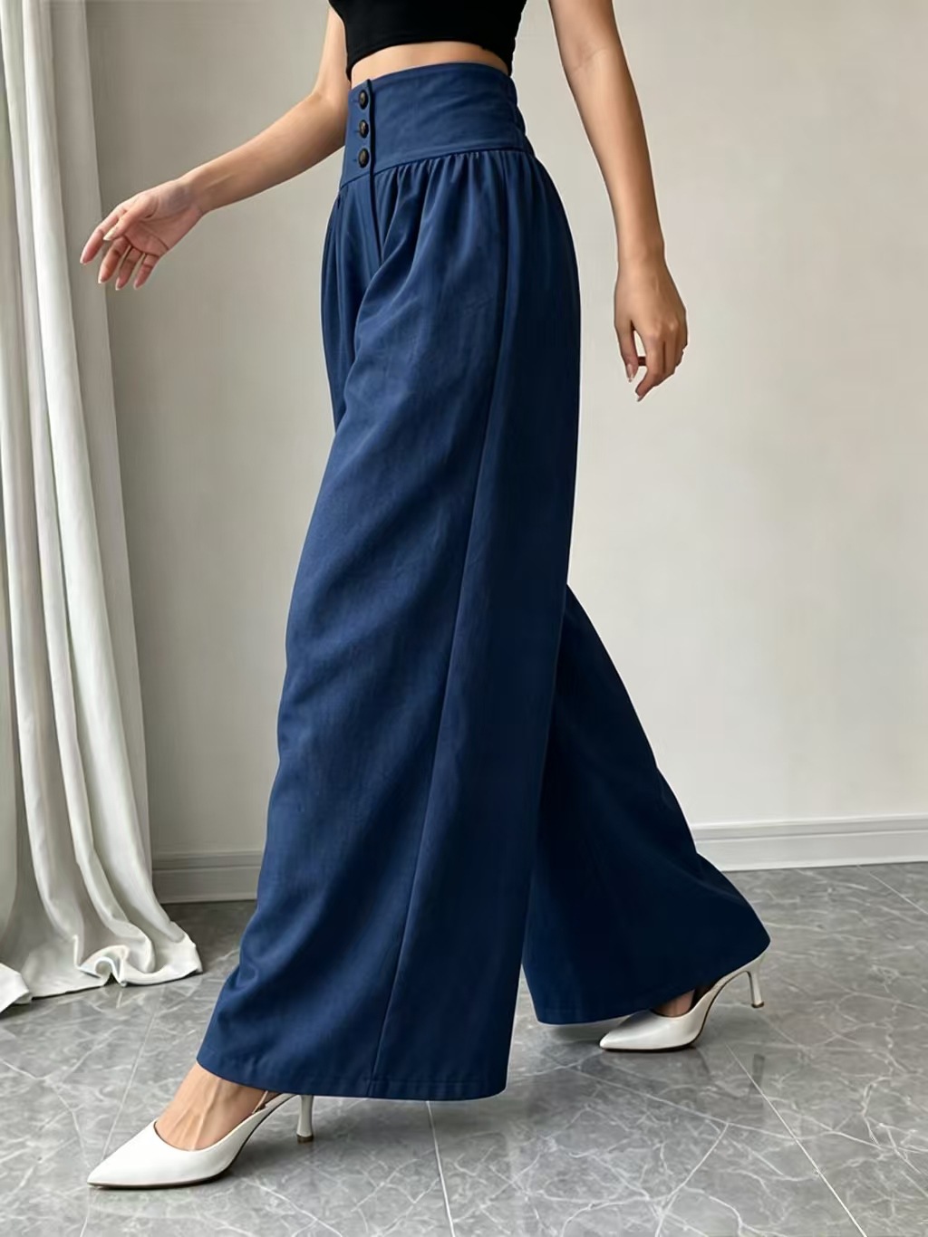 High-Waist Three-Button Wide-Leg Drapey Pants