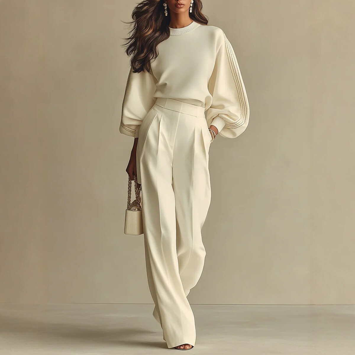 Off-White Knit Top and High-Waist Wide-Leg Pants Set