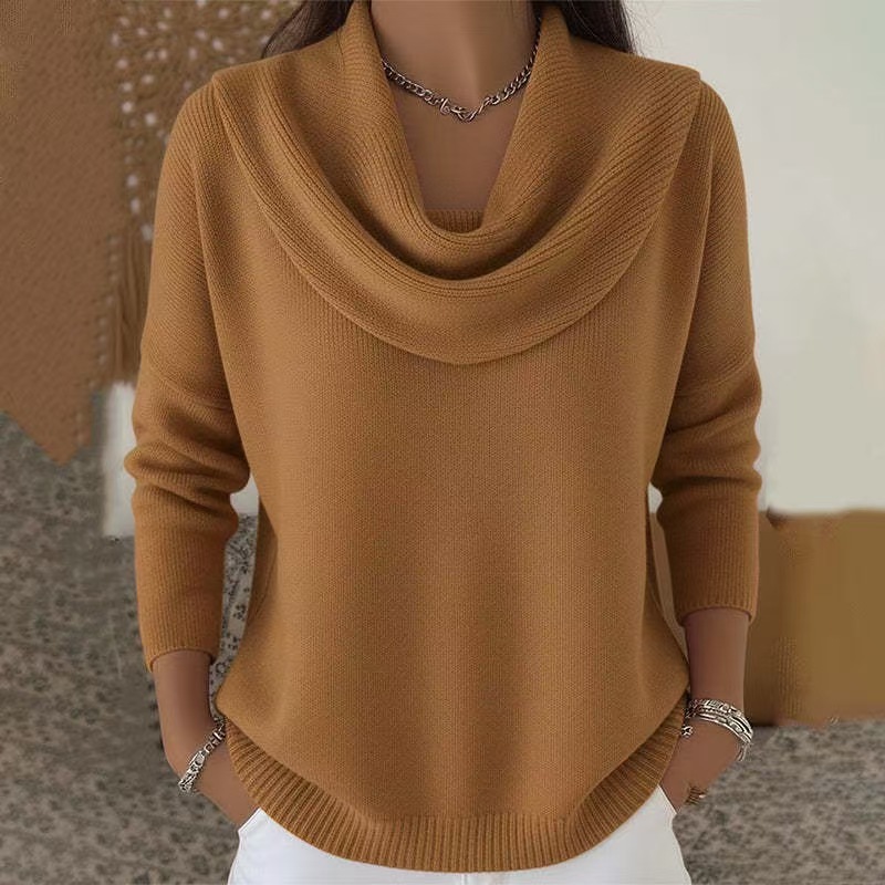 Women's Solid Color Long Sleeve Knit Top with Cowl Neck
