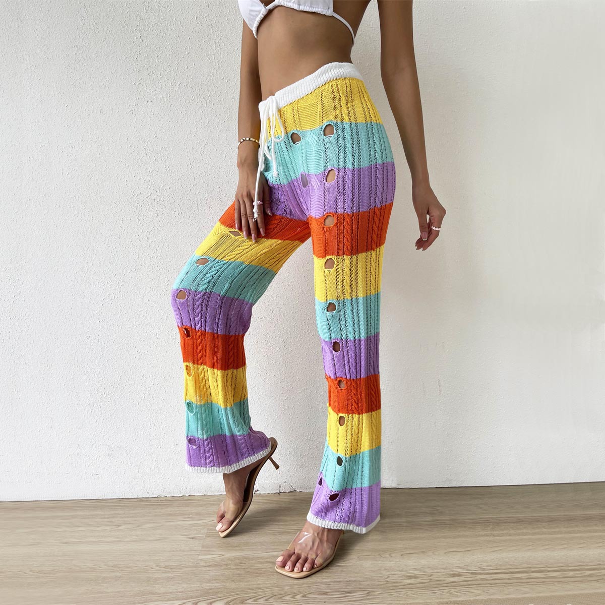 Women's Sheer Open-Knit Colorblock Wide-Leg Pants