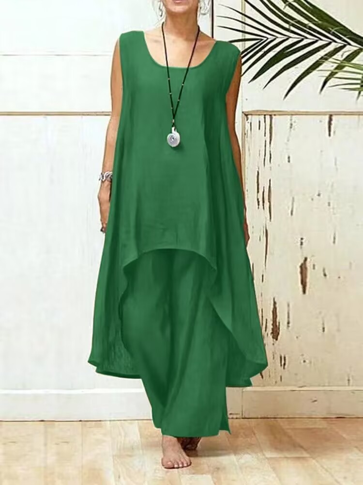 Women's Cotton-Linen Sleeveless Two-Piece Wide-Leg Pants Set