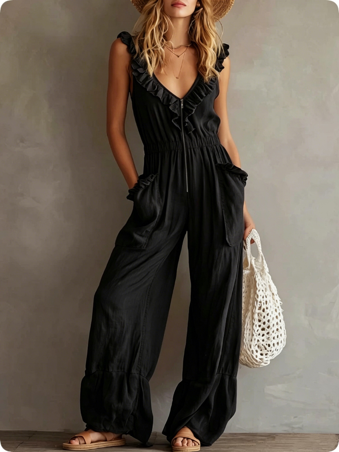Bohemian V-Neck Ruffle Sleeveless Jumpsuit with Front Zip and Elastic Waist