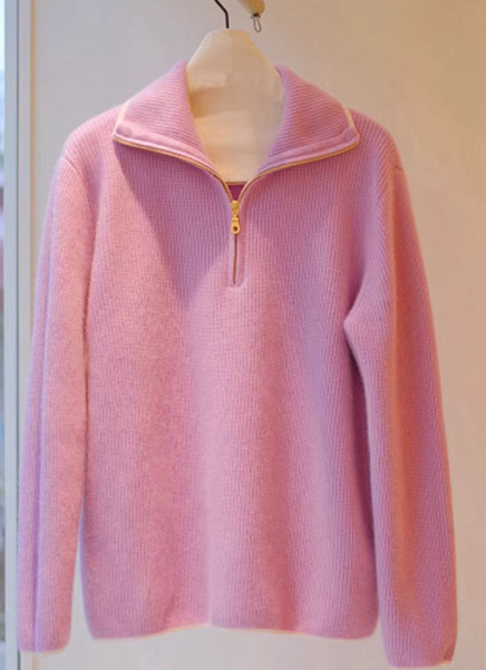 Pink Half-Zip Knit Sweater Women's Loose Collared Long Sleeve Warm Top