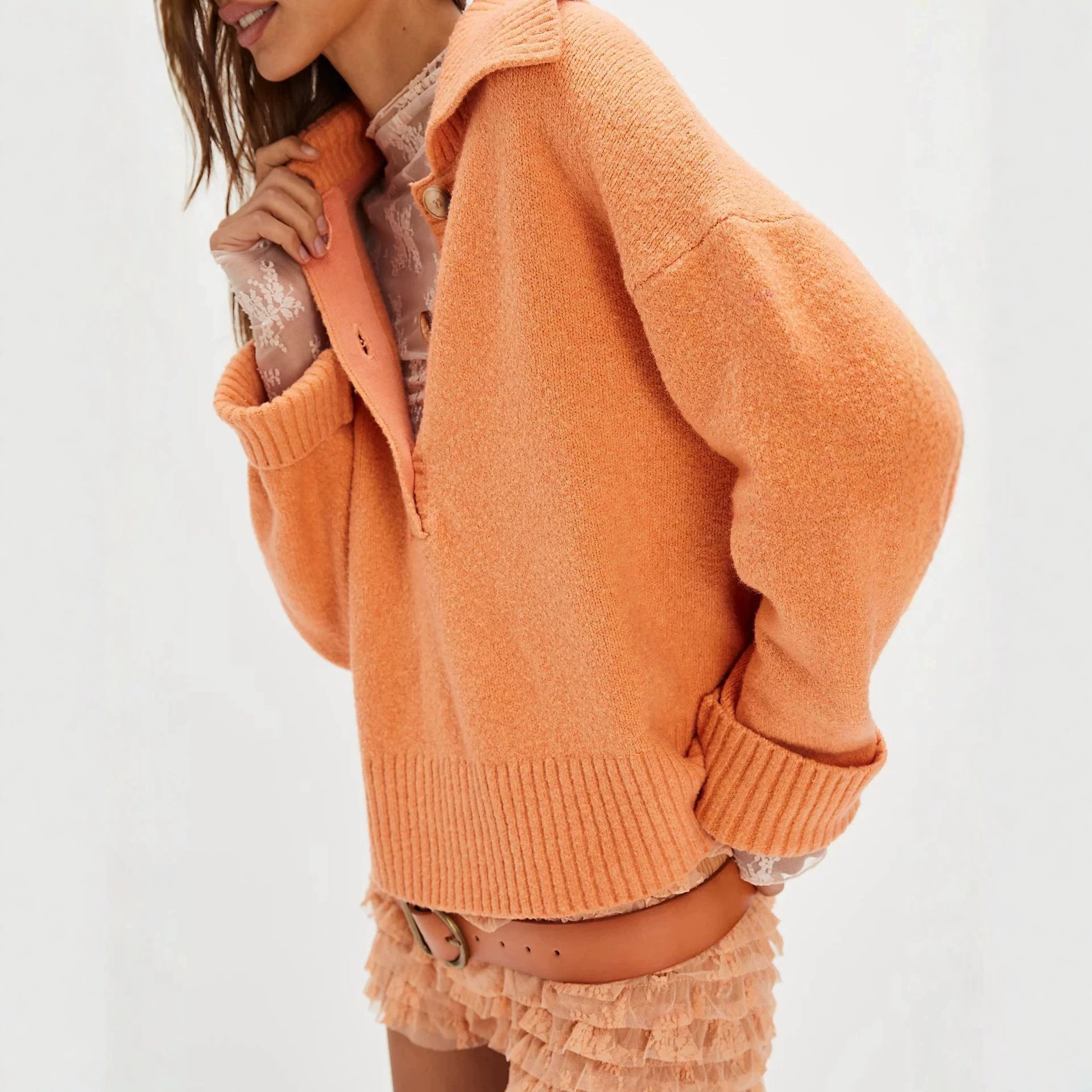 Women's Twist-Button V-Neck Knit Sweater