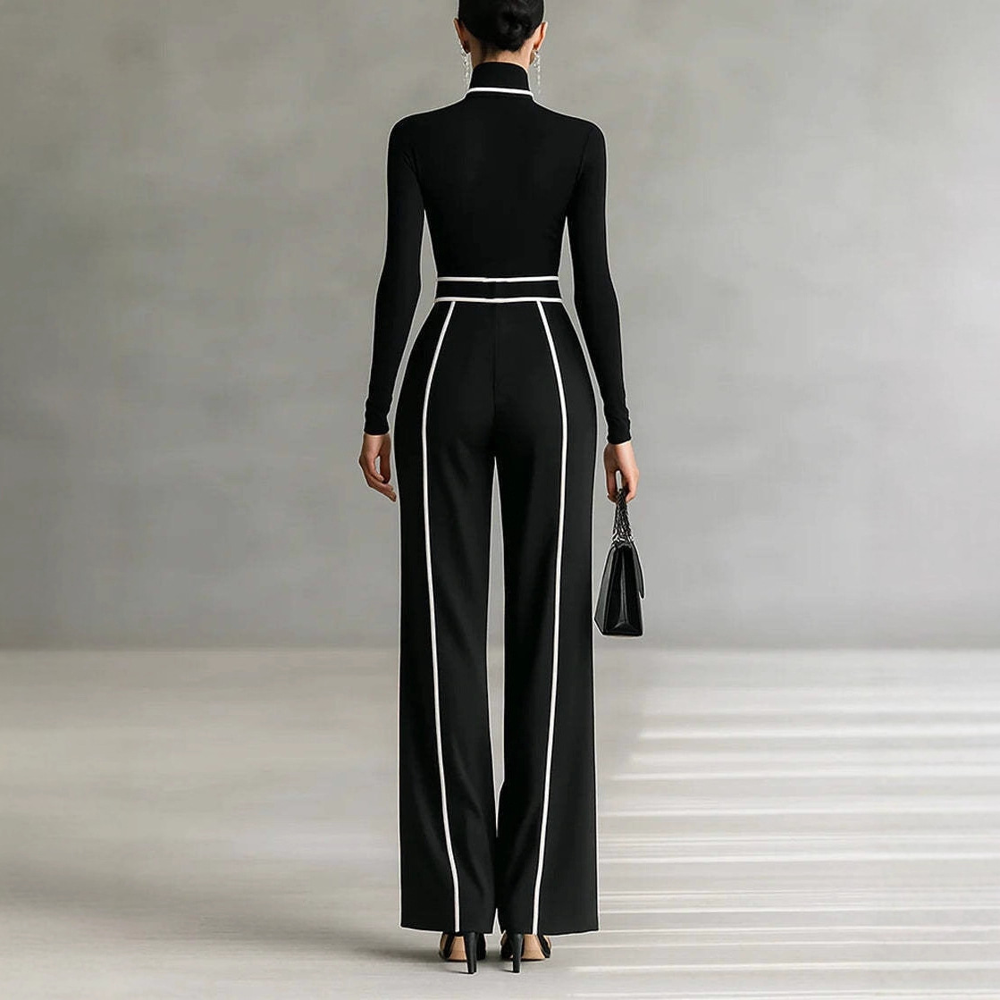 Elegant Color-Block Trim Knit Top and Wide-Leg Pants Two-Piece Set