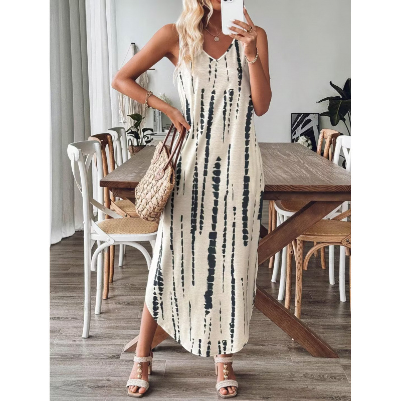 Allover Print Sleeveless V-Neck Slit Dress