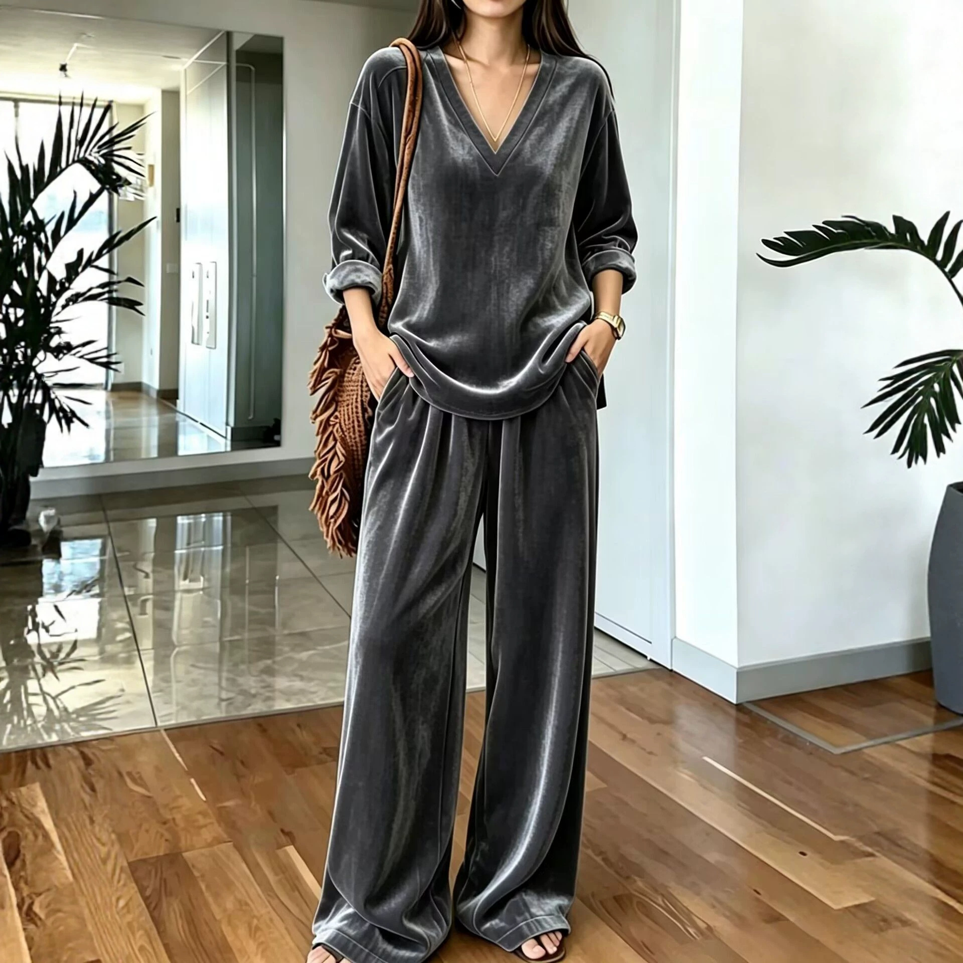 Women's V-Neck Long Sleeve Top & Wide Leg Pants Two-Piece Set