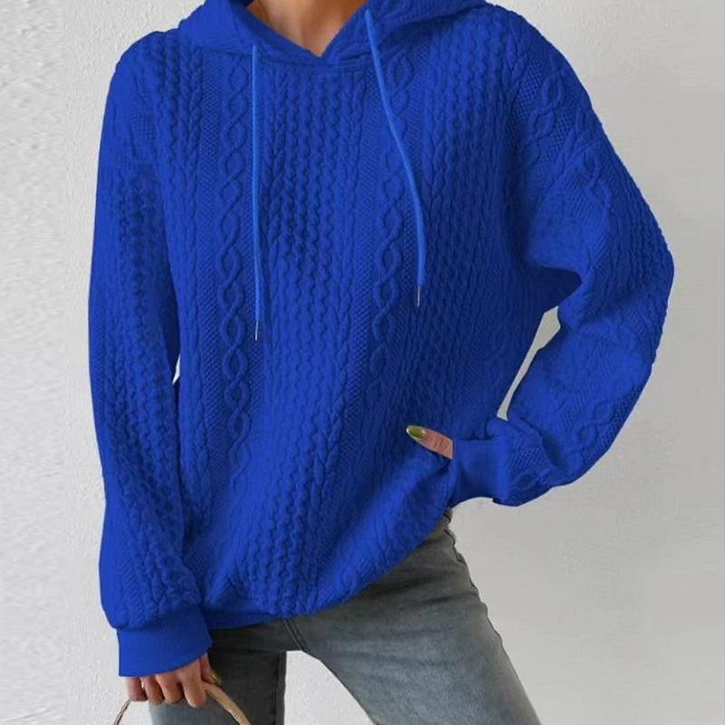 Plus Size Jacquard Hooded Lace-Up Long Sleeve Knit Sweatshirt