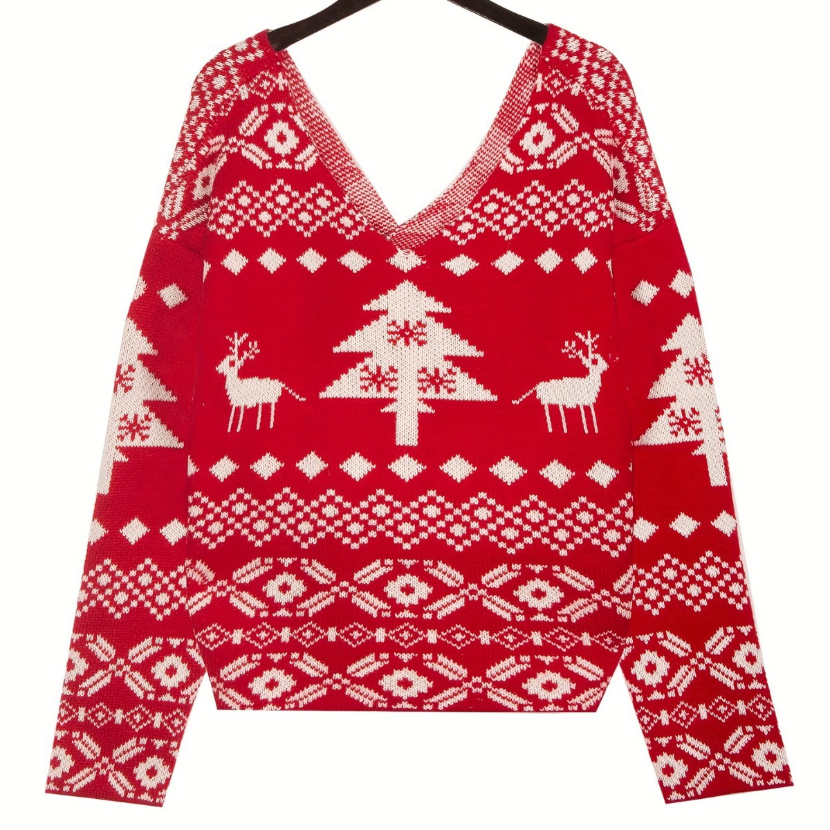 V-Neck Reversible Asymmetric Snowflake Sweater with Open Back and Shoulders, Long Sleeve Wool Top