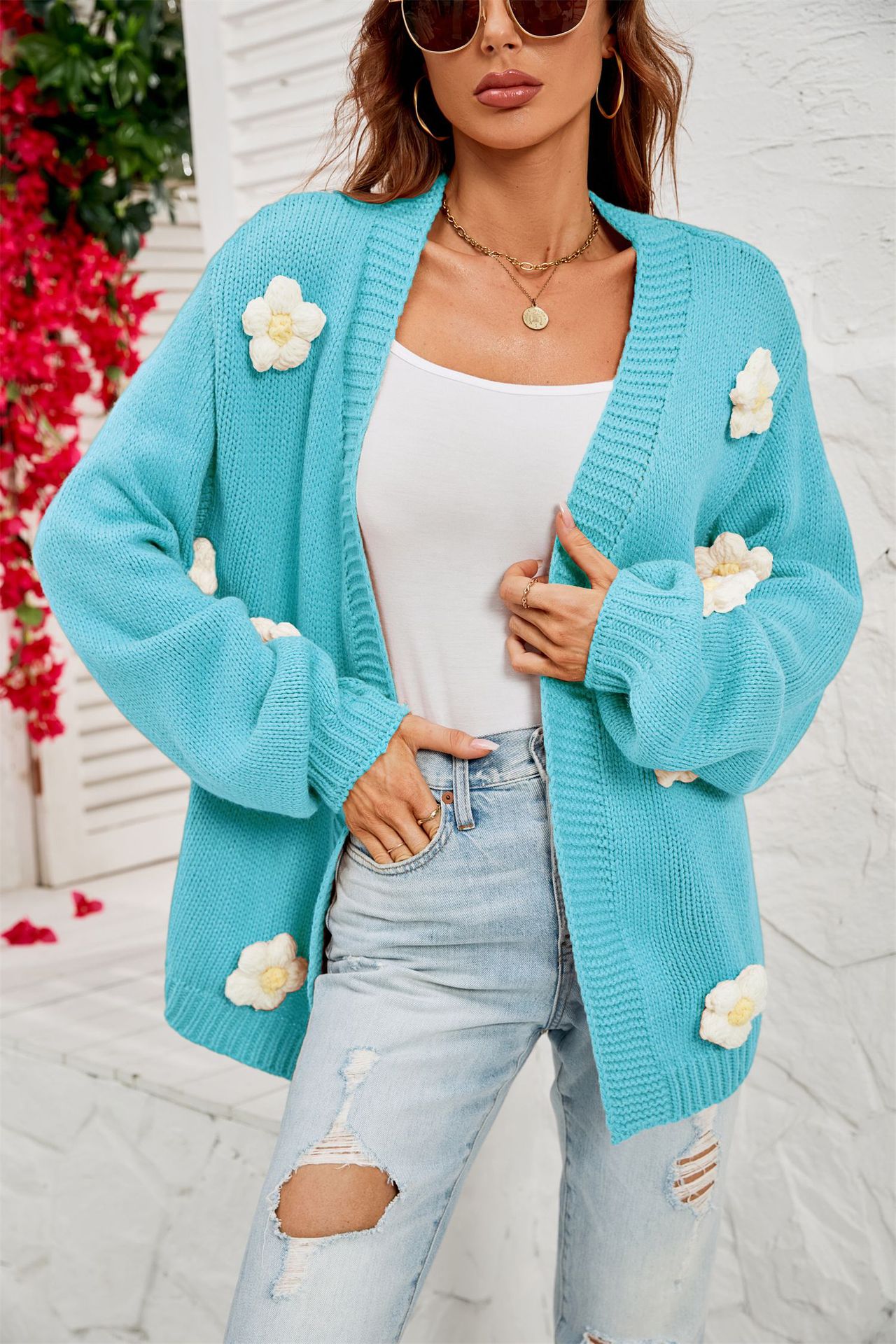 Floral Open-Front Cardigan with Lantern Sleeves