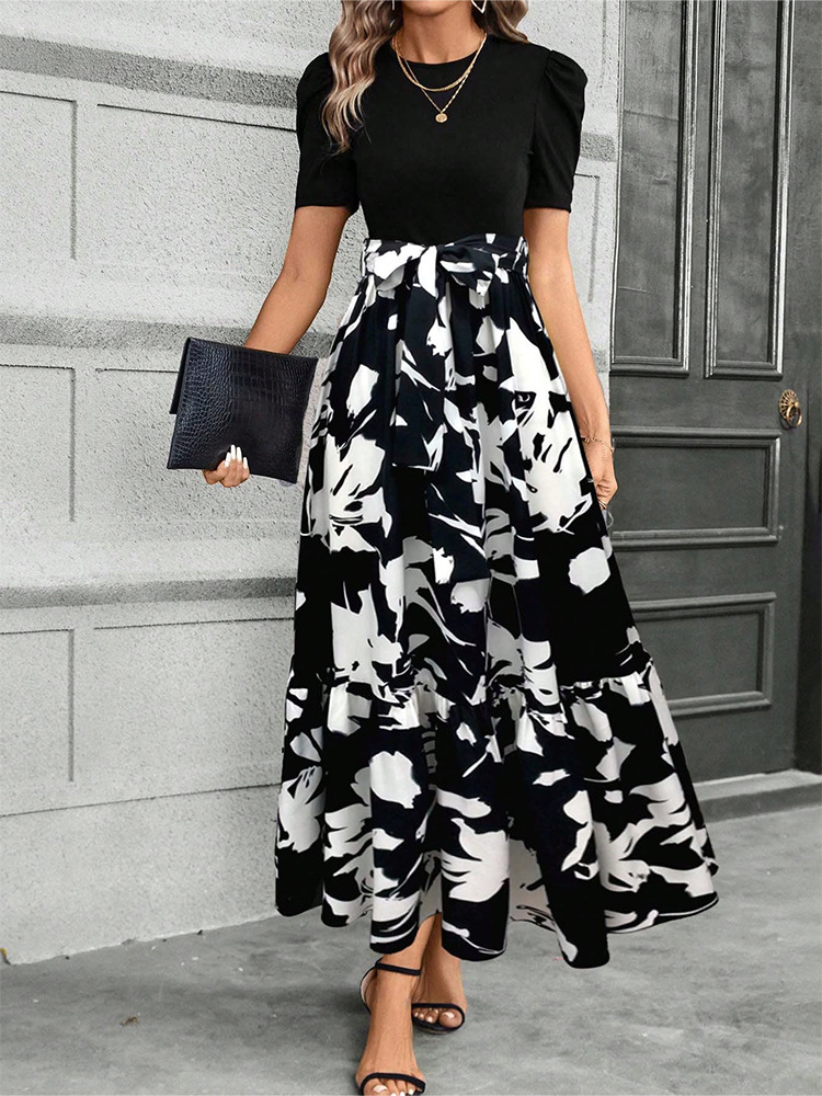 Floral Print High Waist Chiffon Midi Dress