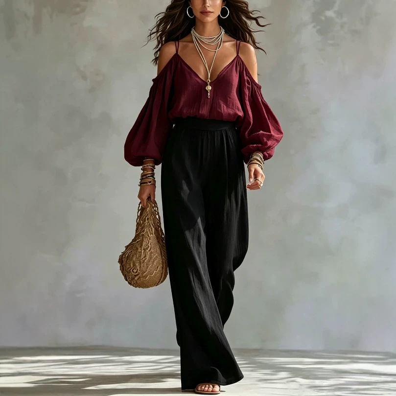V-Neck Cold-Shoulder Long-Sleeve Solid Top & High-Waist Black Wide-Leg Pants Women's Two-Piece Set