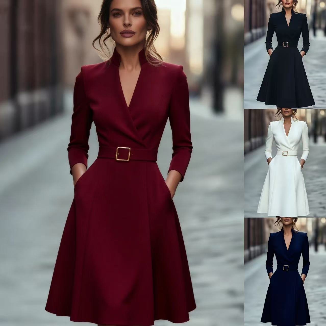 Solid V-Neck Waist-Cinched Long-Sleeve A-Line Midi Dress