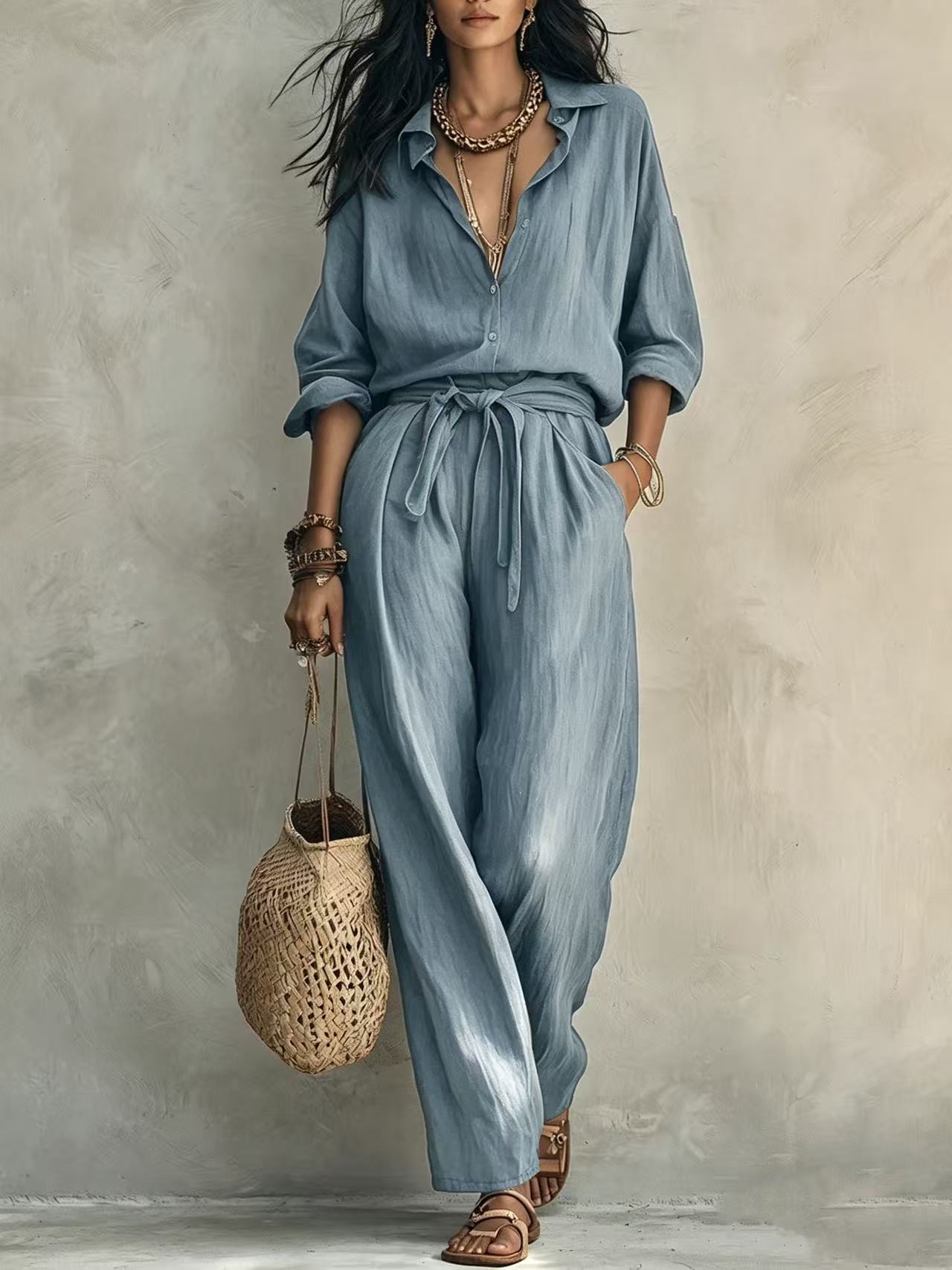 Textured Crinkle Wide-Leg Shirt and Pants Set with Tie