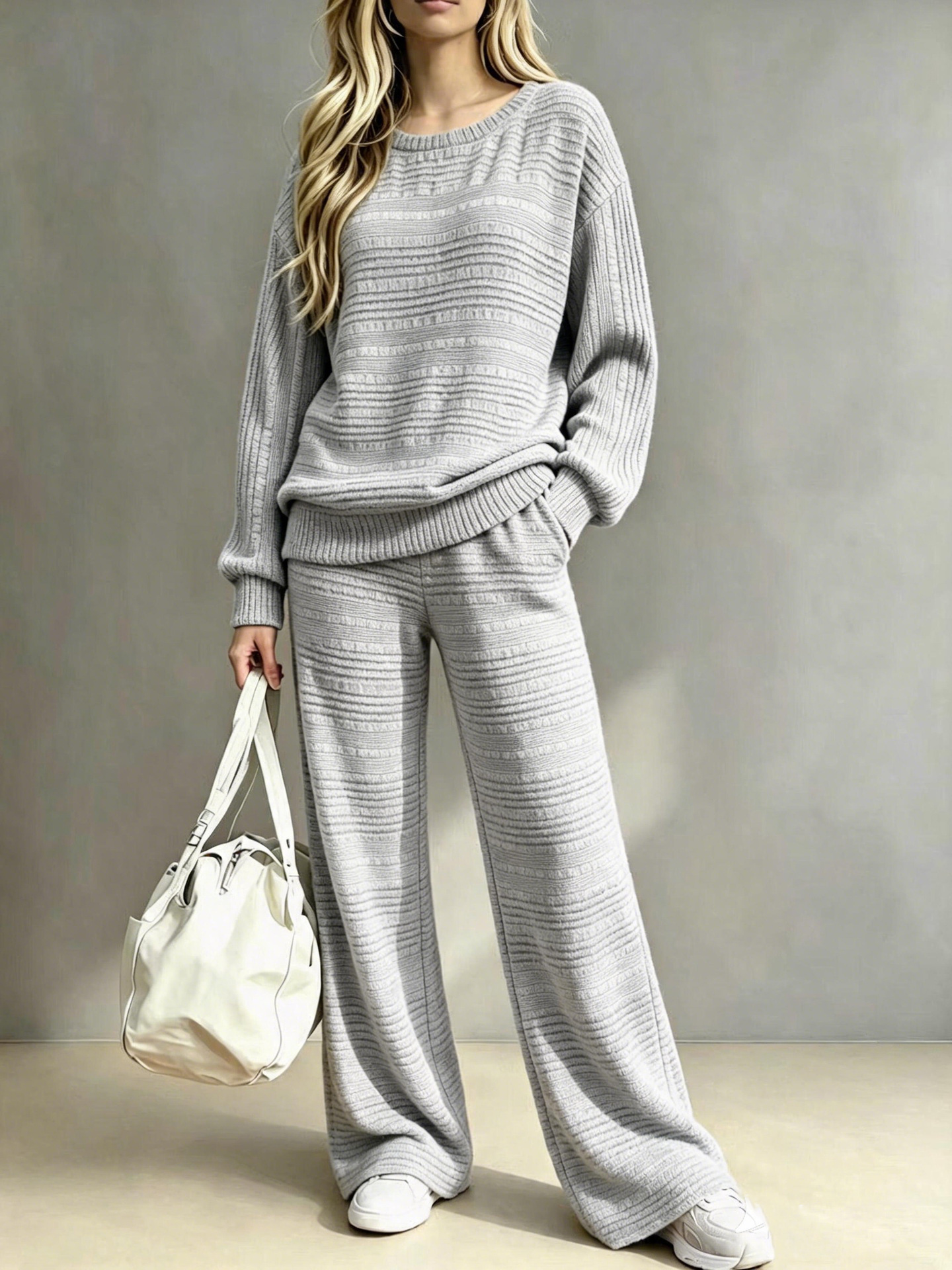 Ribbed Knit Long Sleeve Top & Wide-Leg Pants Two-Piece Set