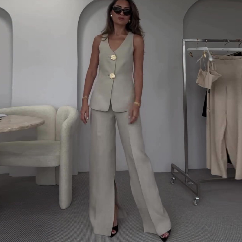 Solid Sleeveless Slim Vest & Suit Pants Set