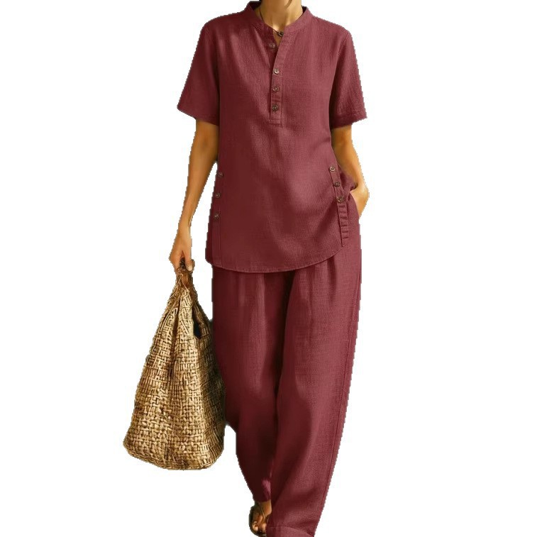 Women's Linen-Blend Button Shirt and Wide-Leg Pants Two-Piece Set