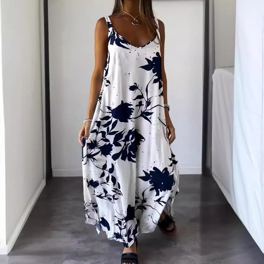 Floral Print V-Neck Open-Back Sleeveless A-Line Maxi Dress