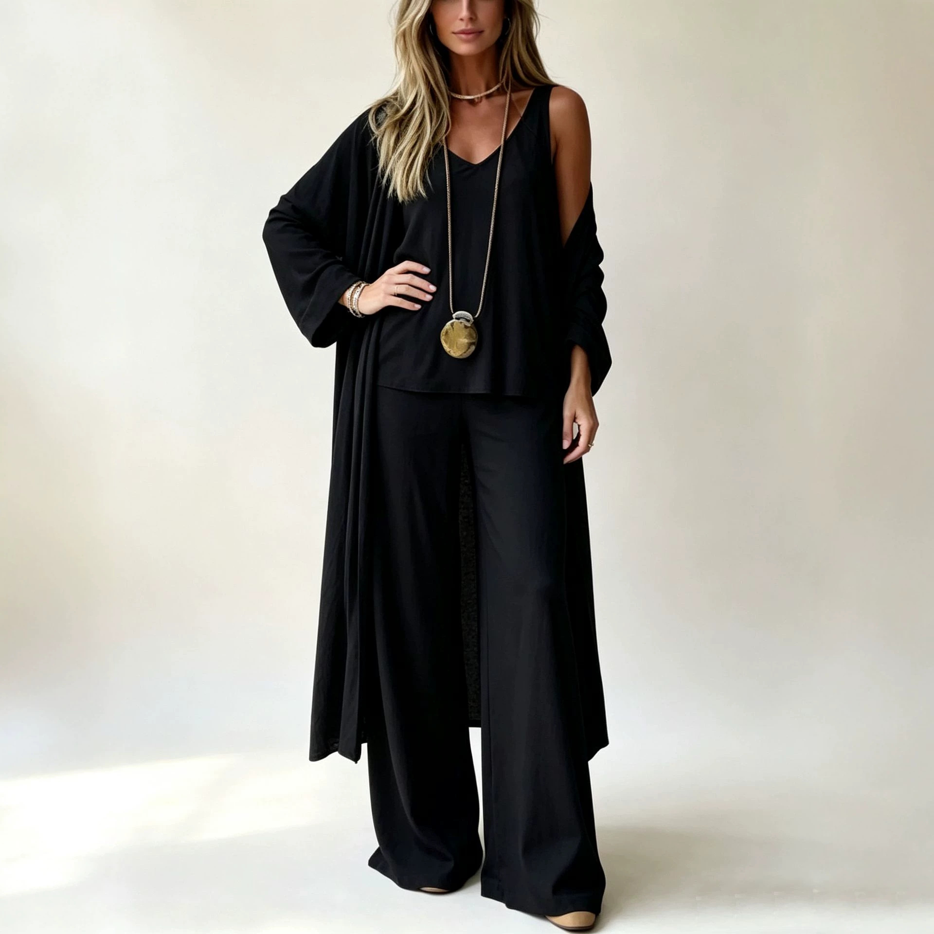 Women's Minimalist Solid Color Open-Front Cardigan 3-Piece Set