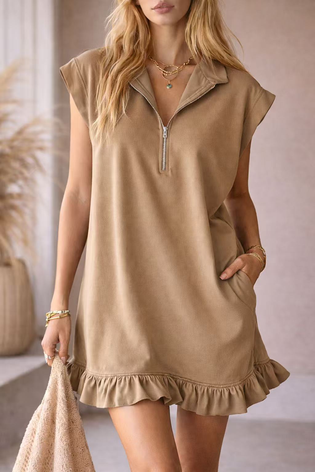 Sleeveless V-Neck Ruffle A-Line Dress with Pockets and Zip