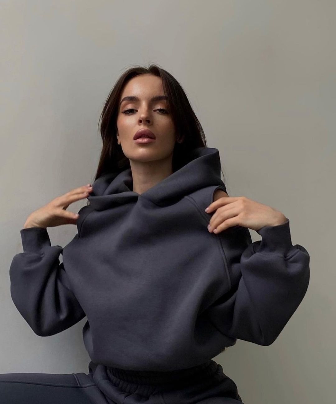 Solid Color Hooded Pullover Sweatsuit with Cold Shoulder Cutouts