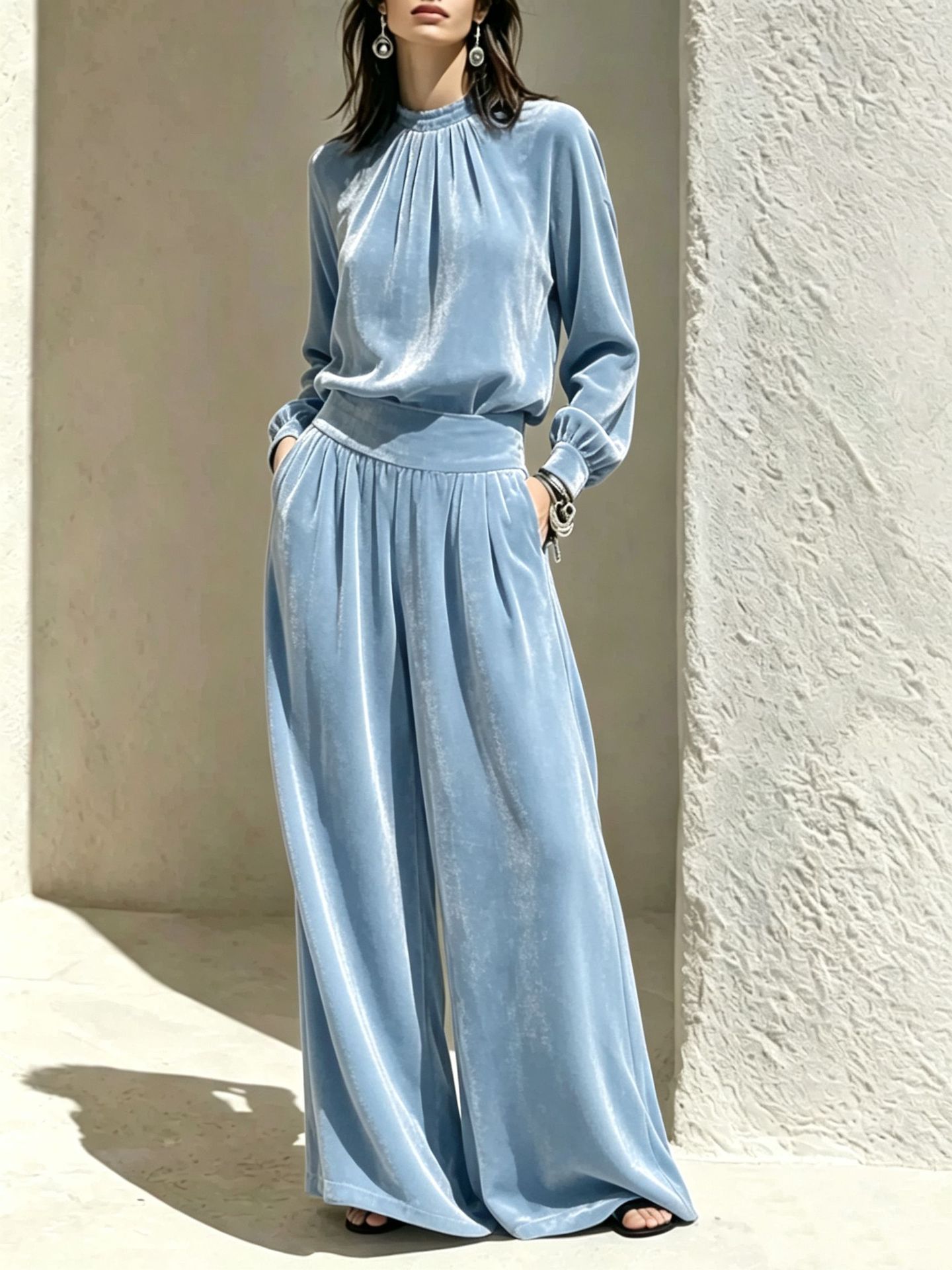 Women's Velvet Ruched Top & Wide-Leg Pants Two-Piece Set