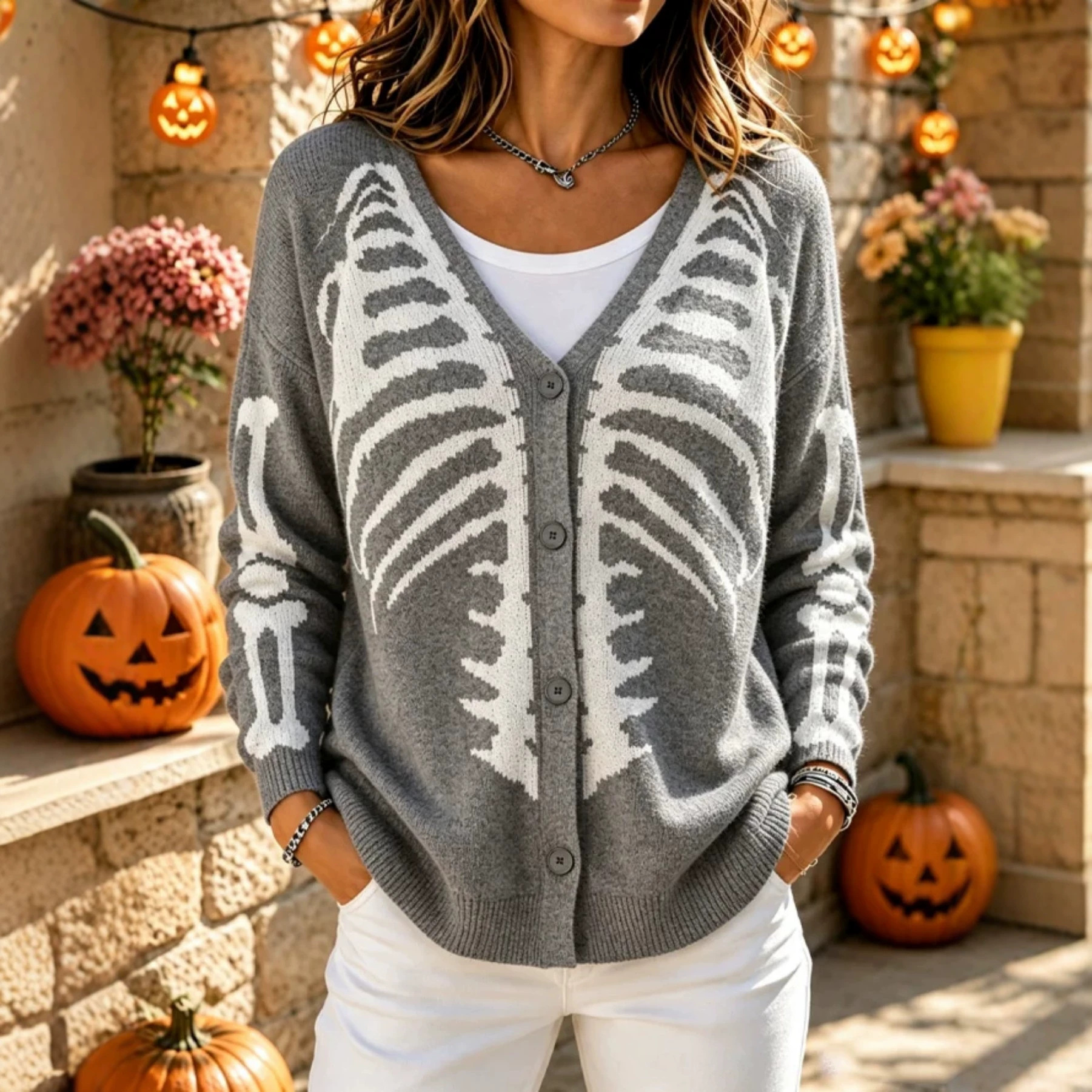 Women's Skeleton Ribbed Halloween Graphic Cardigan