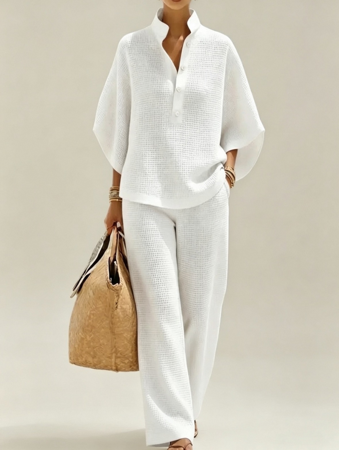 2026 New Casual Loose Stand Collar Set Breathable Waffle Wide-Leg Pants Two-Piece Set European American Best-Seller Women's Clothing