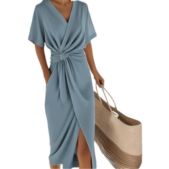 Women's Satin Wrap Dress with Slit V-Neck Short Sleeve Midi